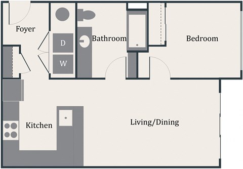 Floor plan for 1 bed, 1 bath, 698 sqft